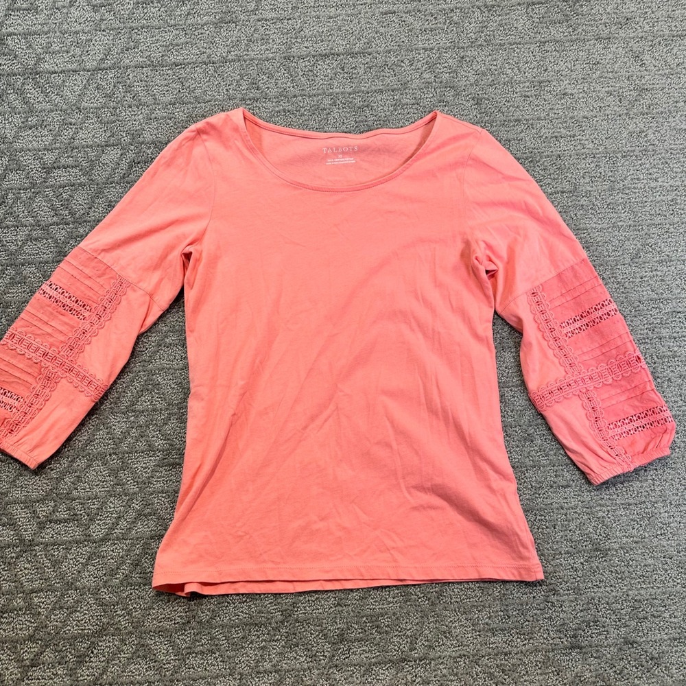 Talbots Womens XS Coral Pink Long Sleeve Lace Trim‎ Top Blouse Cotton
